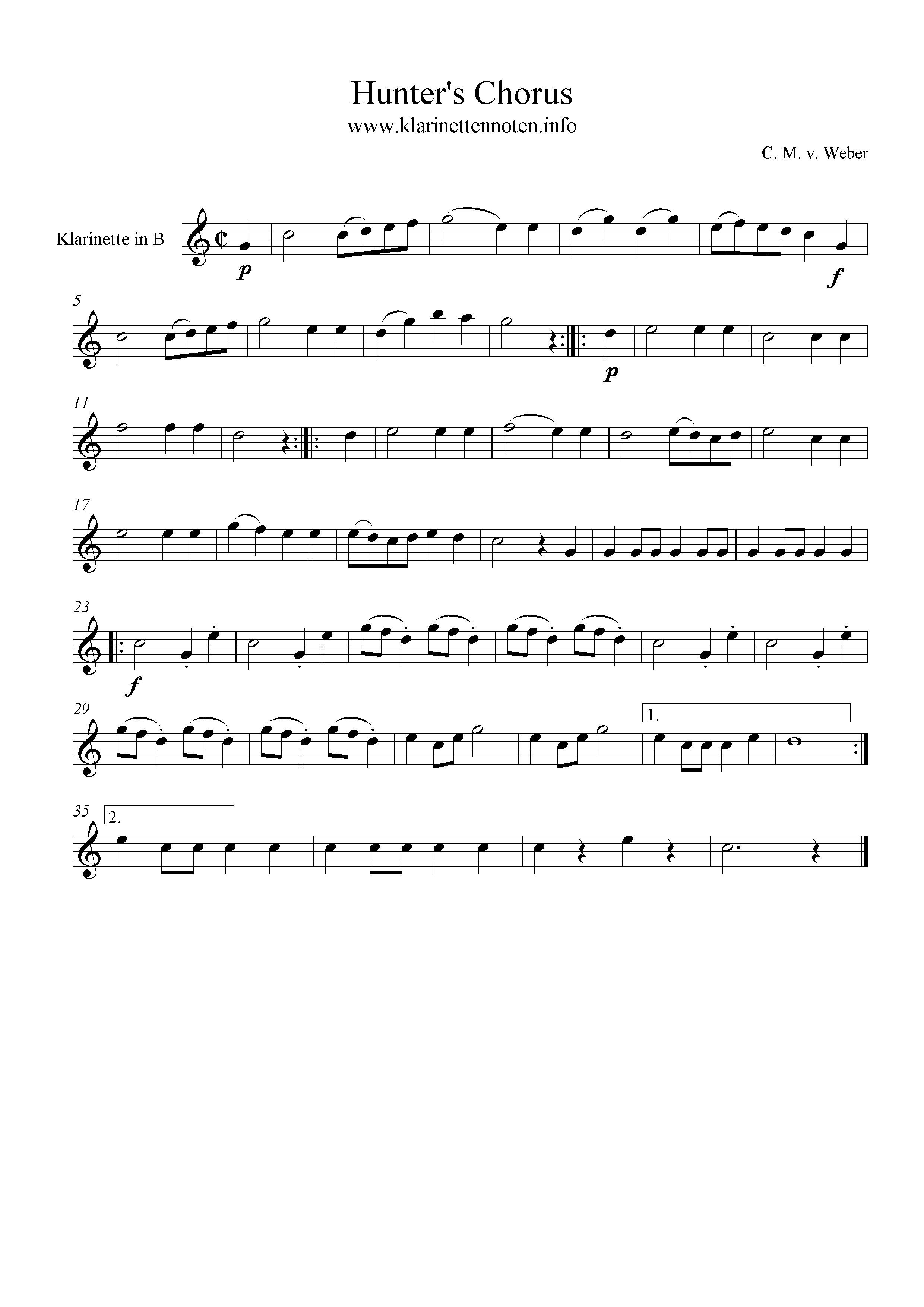 Hunter's Chorus, Jägerchor, Noten, C-Dur